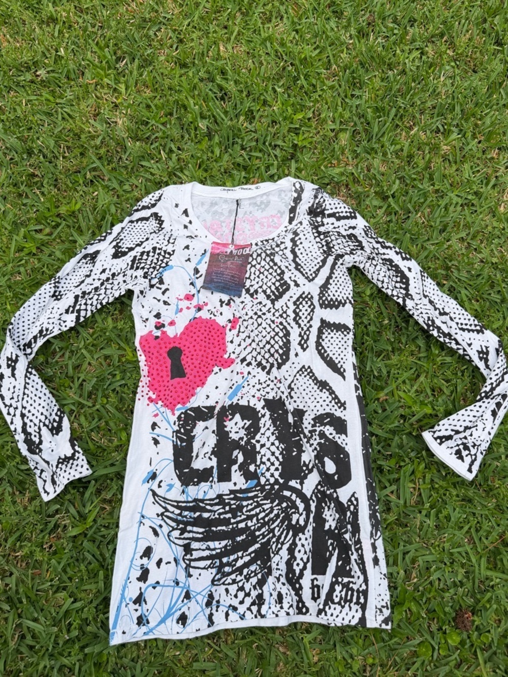 NWT Crystal Rock Christian Audigier Y2K Studded Graphic Top Size L